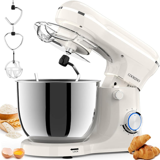 Electric Stand Mixer,10 Speeds Tilt-Head Food Mixer, 3-IN-1 Kitchen Mixer for Daily Cooks with 6.5 QT Bowl,Dough Hook, Beater, Whisk (Almond Cream)