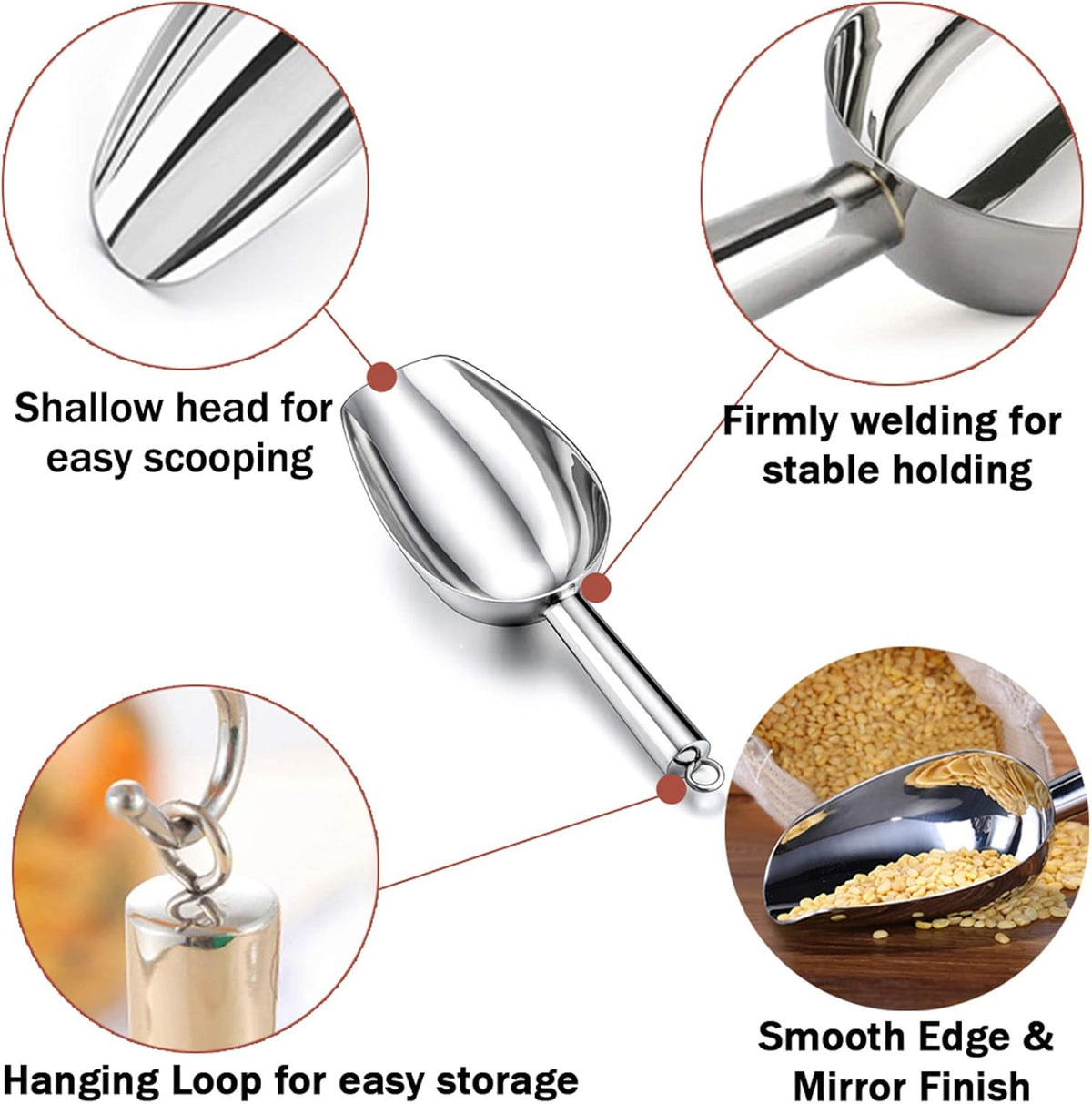 TeamFar 5 oz Ice Scoop, Stainless Steel Canister Ice Candy Scoop for Kitchen Dispenser Buffet Jars, Healthy & Sturdy, Multi-use & Mirror Finish, Dishwasher Safe-2 PCS