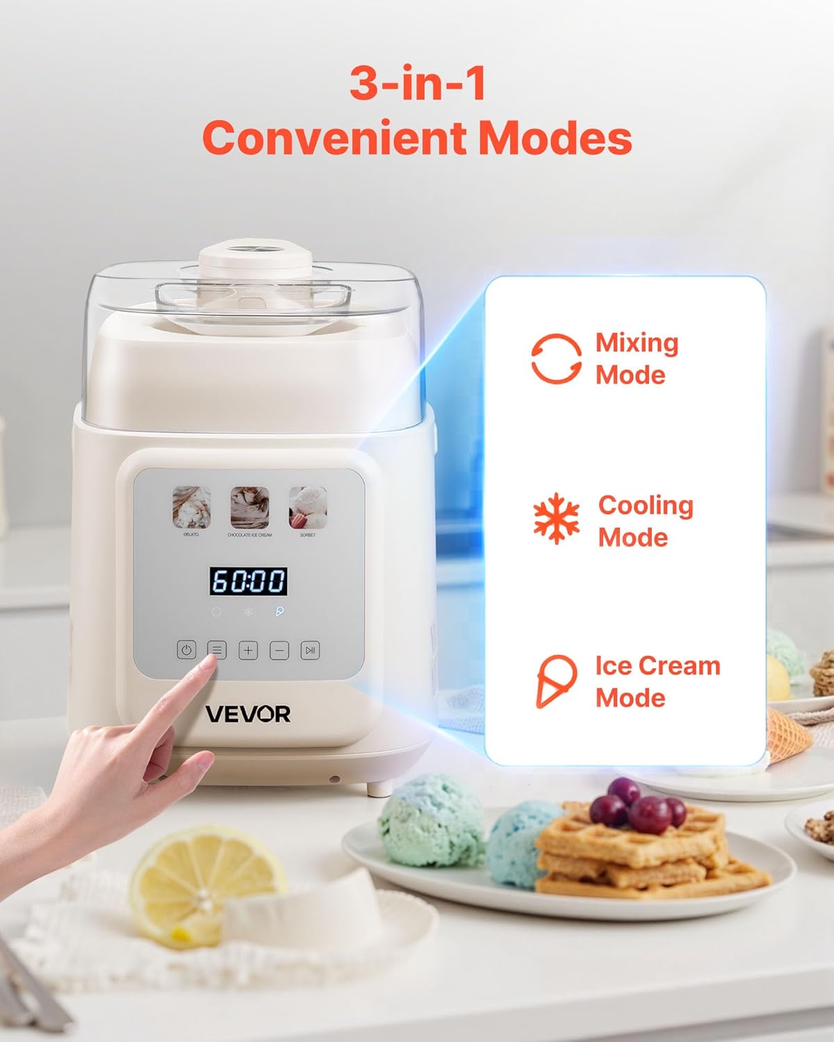 VEVOR Upright Automatic Ice Cream Maker with Built-in Compressor, 1 Quart No Pre-freezing Gelato Maker & Frozen Yogurt Machine, 4 Modes Electric Sorbet-Maker, Compressor Ice Cream Machine for Home