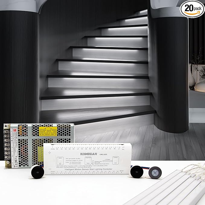 Motion-Activated Cascading Effect LED Stair Lighting Kit KMG-3233, 23.6" Aluminum Light Bar for Indoor Staircases (Cool White 6000K, 20 Stairs)