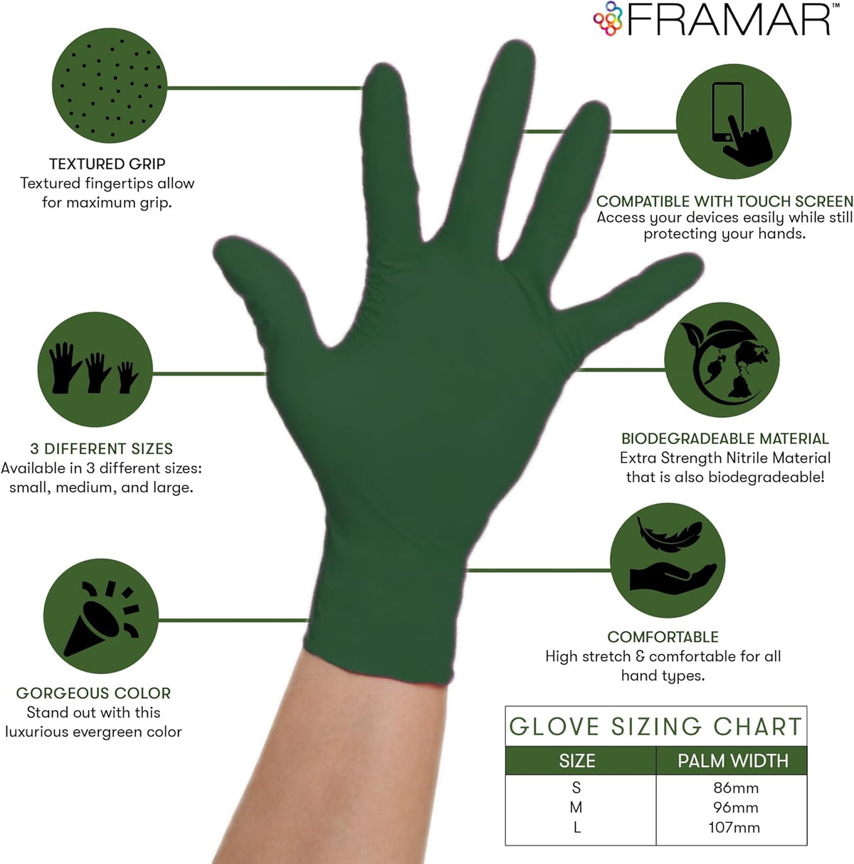 FRAMAR Biodegradable Green Gloves Latex Free Large – Disposable Nitrile Gloves Large, Cleaning Rubber Glove Disposable, Non Latex Hair Dye Glove 100 Pk