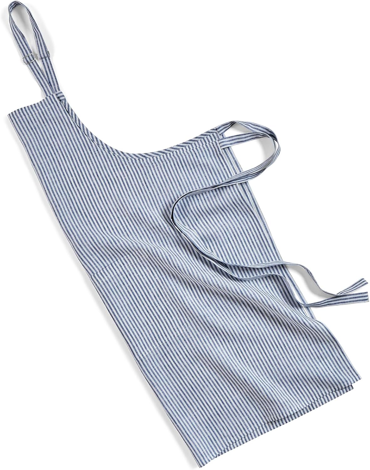 Solino Home 100% Pure Linen Apron for Women & Men - Navy and White Stripe Full Midi Bib Apron, Adjustable Neck Strap with Center Pockets for Kitchen, Chef - Handcrafted from European Flax
