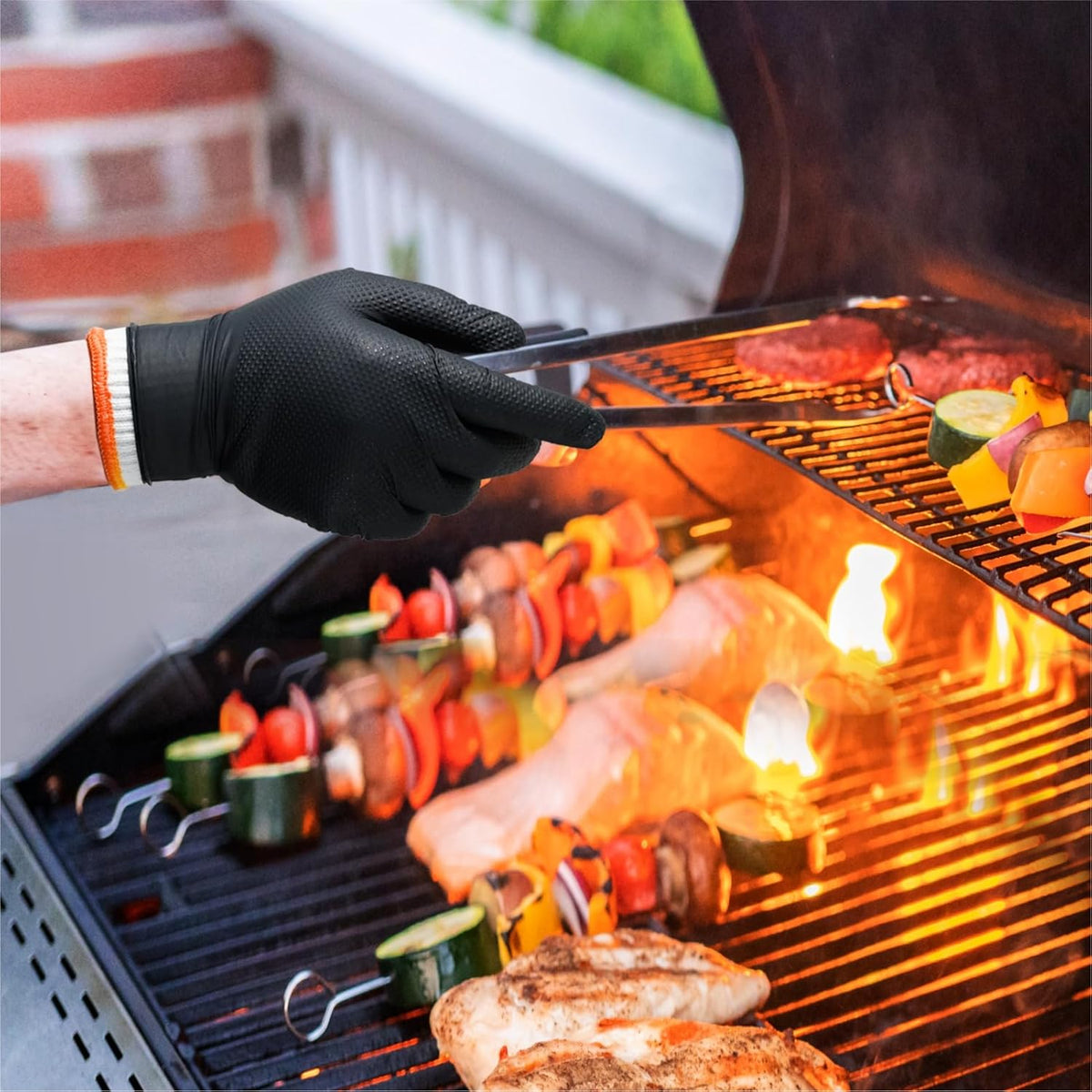 BBQ Gloves for Grilling Disposable Heat Resistant - 100 Nitrile Gloves + 4 Reusable Cotton Liners for Barbecue Smoker, Cooking Hot Meat - 10Mil Thick, Non-Slip Grip - Black Large