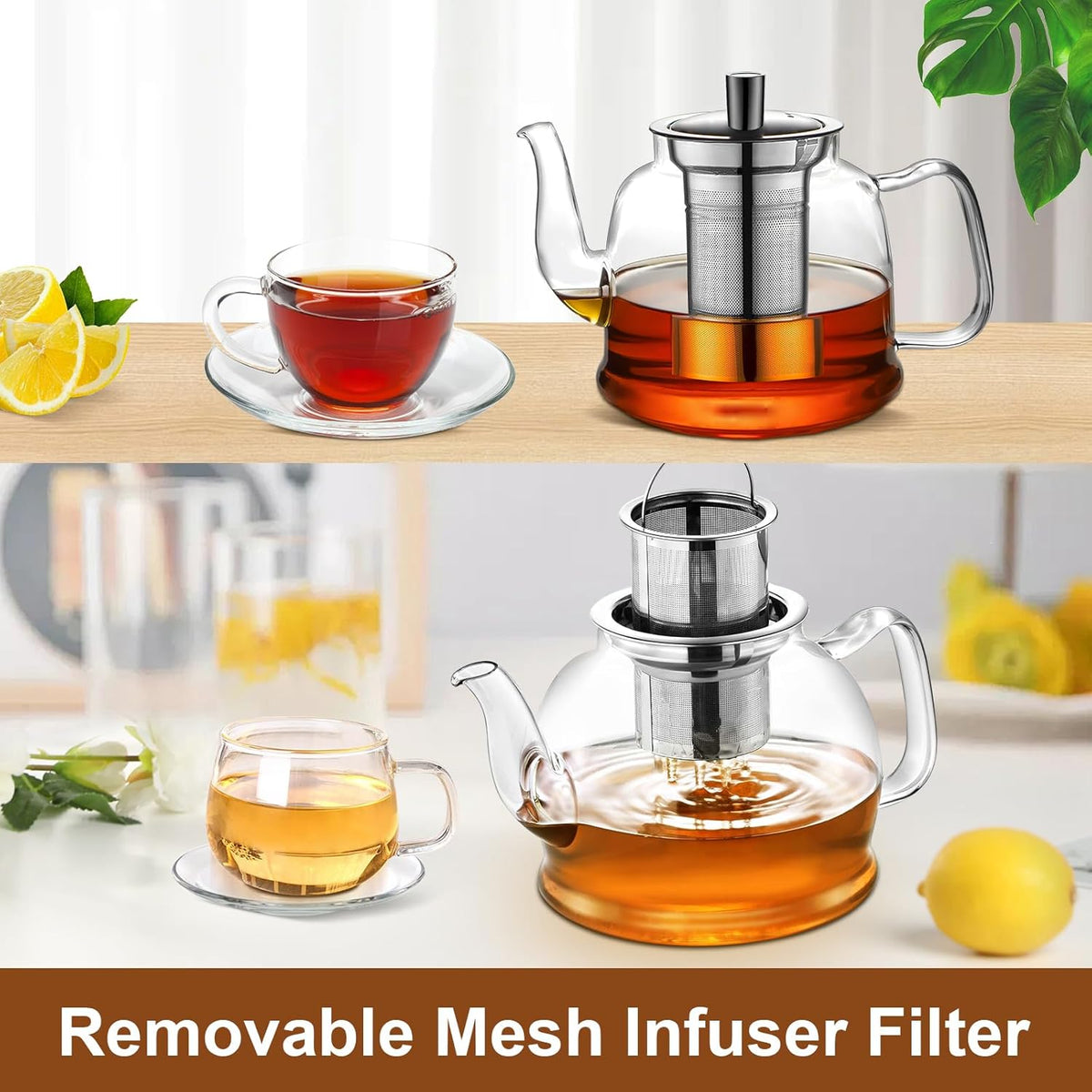 Glass Teapot 1600ml (54oz) - Borosilicate Glass Tea Kettle with Removable Stainless Steel Infuser, Stovetop Safe Heat-Resistant Tea Maker for Blooming and Loose Leaf Tea (1600ml)