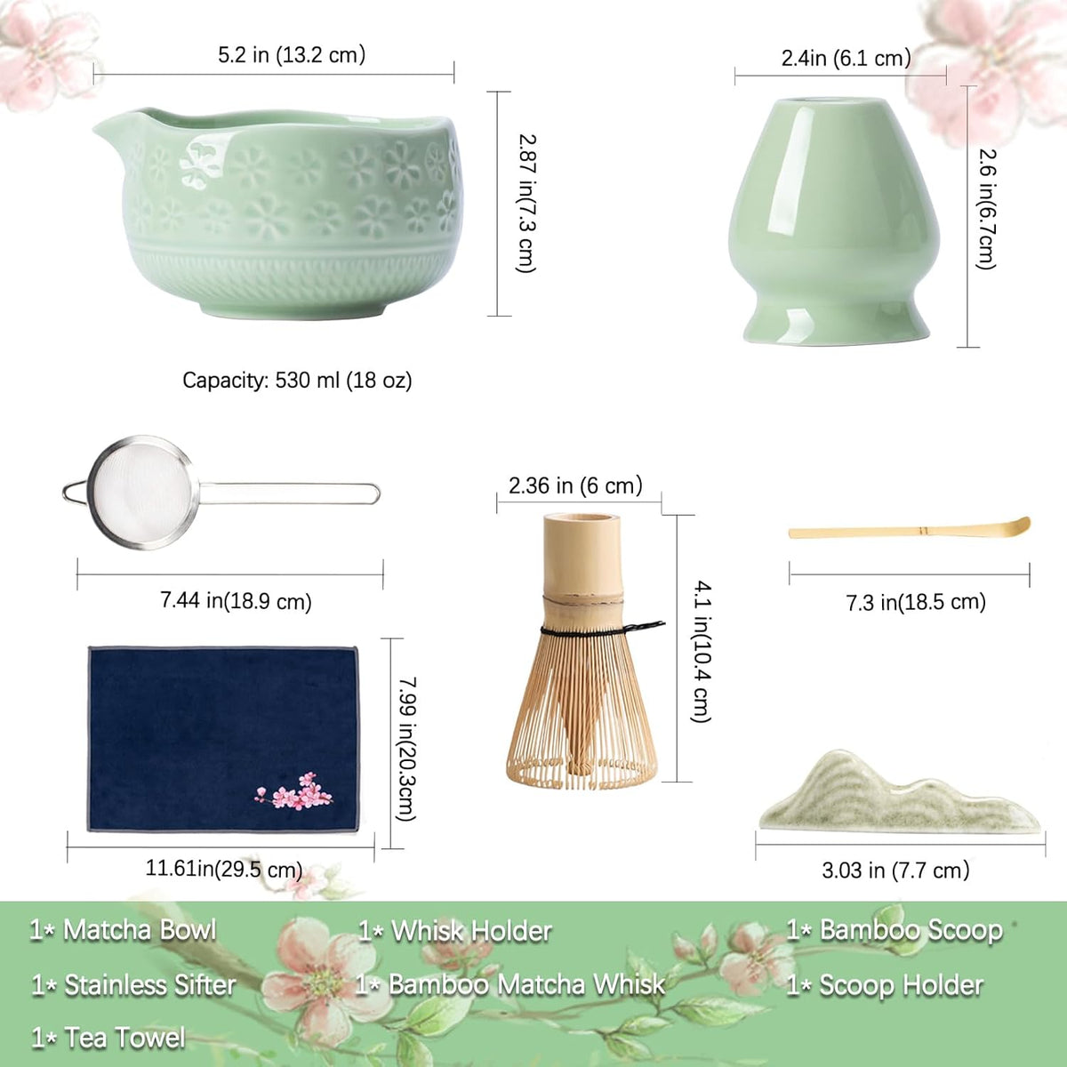 Matcha Whisk Set, Ceramic Matcha Set Includes Matcha Bowl, Matcha Whisk and Holder, Bamboo Scoop, Scoop Rest, Sifter and Tea Towel - 7 Pcs Matcha Kit for Matcha Lovers (Green)