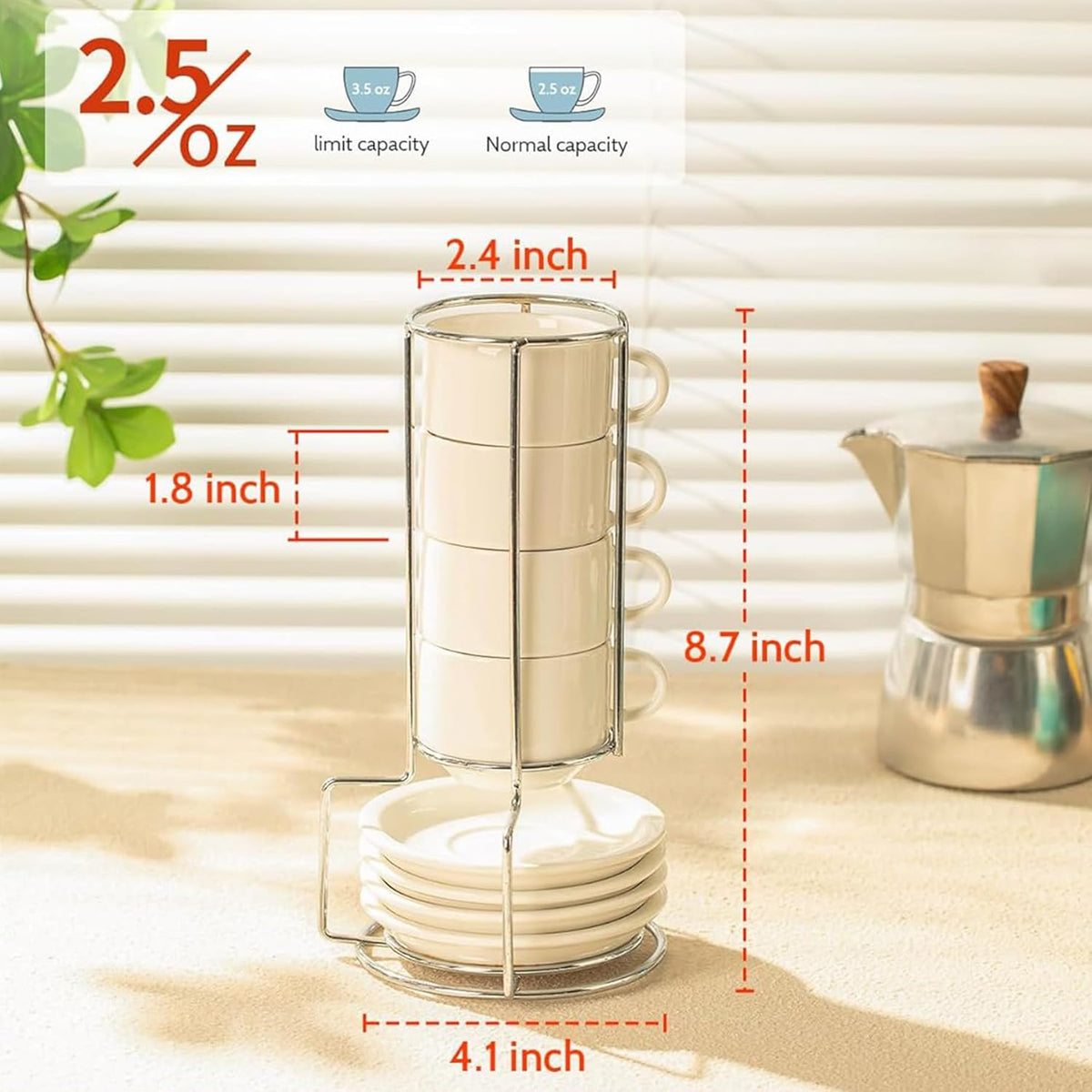 Sweese 2.5 Ounce Porcelain Stackable Espresso Cups with Saucers and Metal Stand Set of 4, White