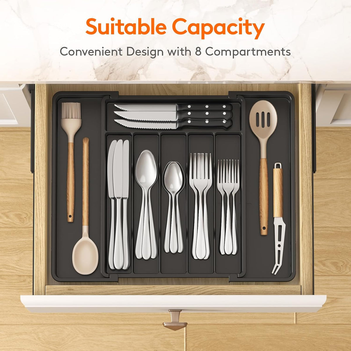 Lifewit Silverware Drawer Organizer, Expandable from 11 to 18 inches, Utensil Tray for Kitchen, BPA Free Flatware Cutlery Holder, Adjustable Plastic Storage for Spoons Forks Knives, Large, Black