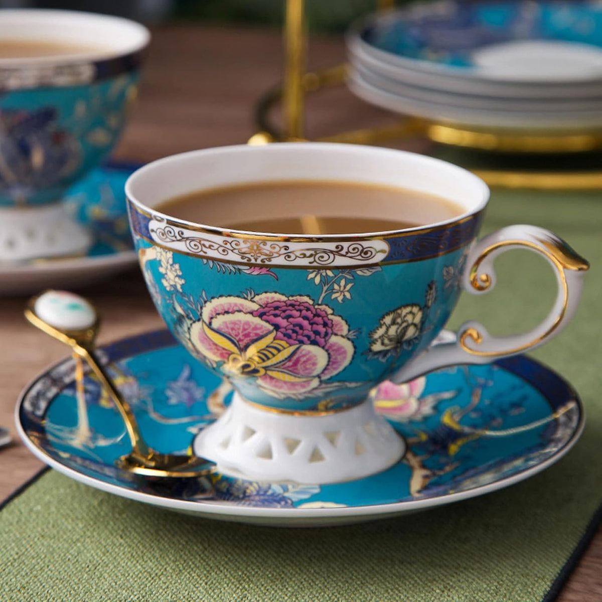 ACMLIFE Bone China Tea Sets with Cake Stand 3 Tiers for 6 Adults, 21 Piece Vintage Tea Cup Set, Blue Floral Tea Sets for Women Tea Party or Gift Giving China/English Tea Cup Set