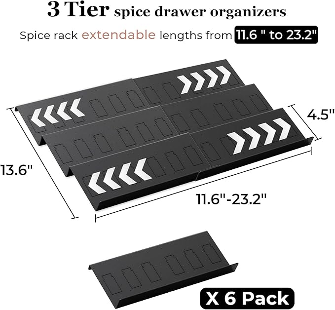 Famhap Spice Drawer Organizer, 6 Pack Drawer Seasoning Organizer Expandable from 11.6" to 23.2" Seasoning Rack Tray Insert for Kitchen Drawers, Spice Rack Tray for Drawer/Countertop (Black)