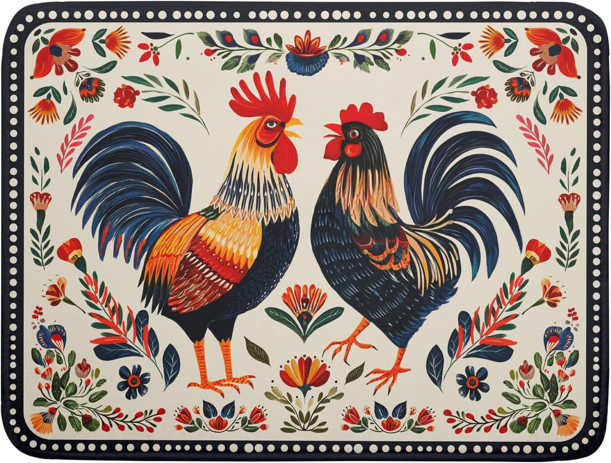 Rooster Poultry Dish Drying Mat for Kitchen Counter 18x24 Inch Microfiber Absorbent Colorful Printing Drying Pad