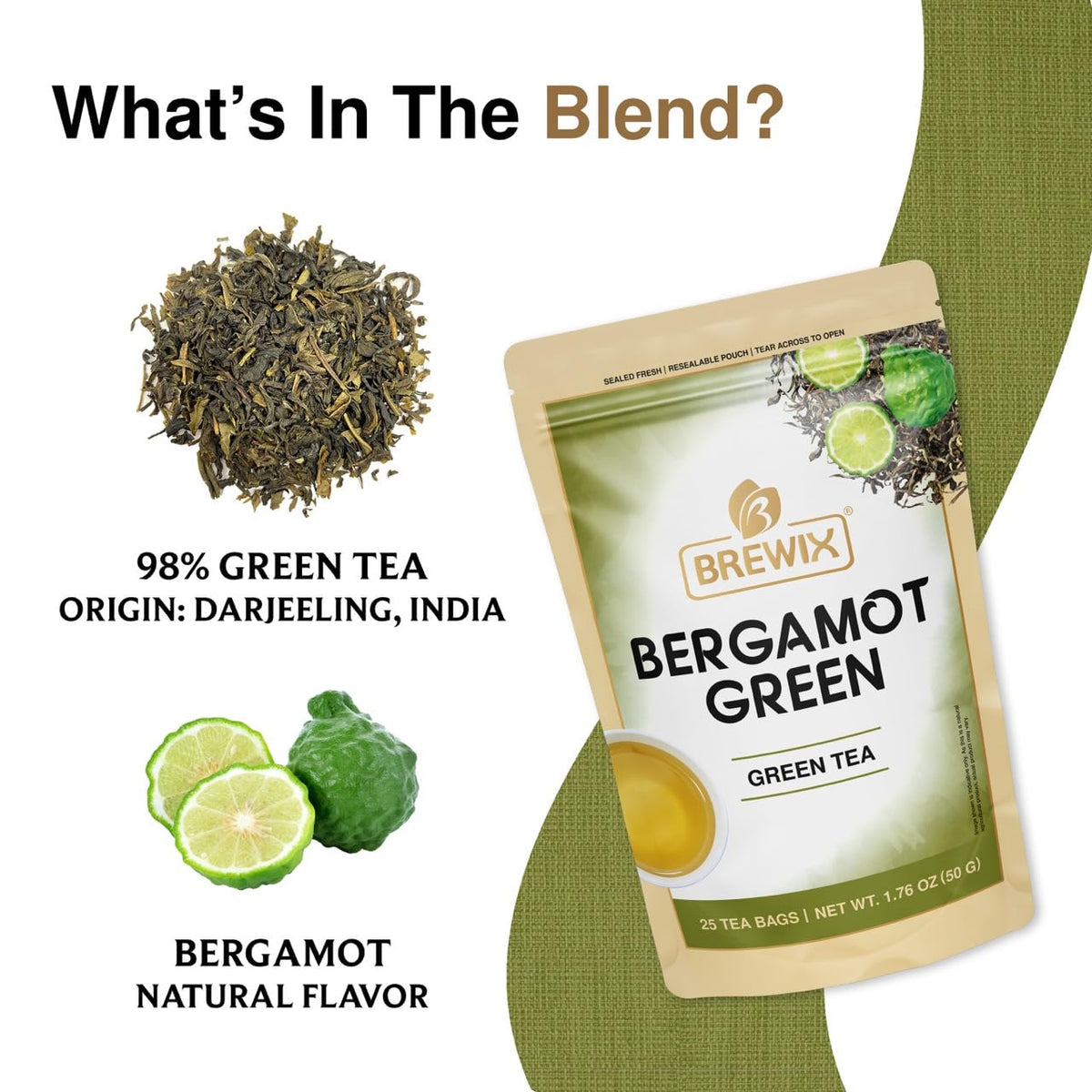 BREWIX, Bergamot Green Tea (25 Pyramid Tea Bags) | Caffeinated Tea Loose Leaf Earl Grey Green Tea With Pure Bergamot | High Elevation Grown