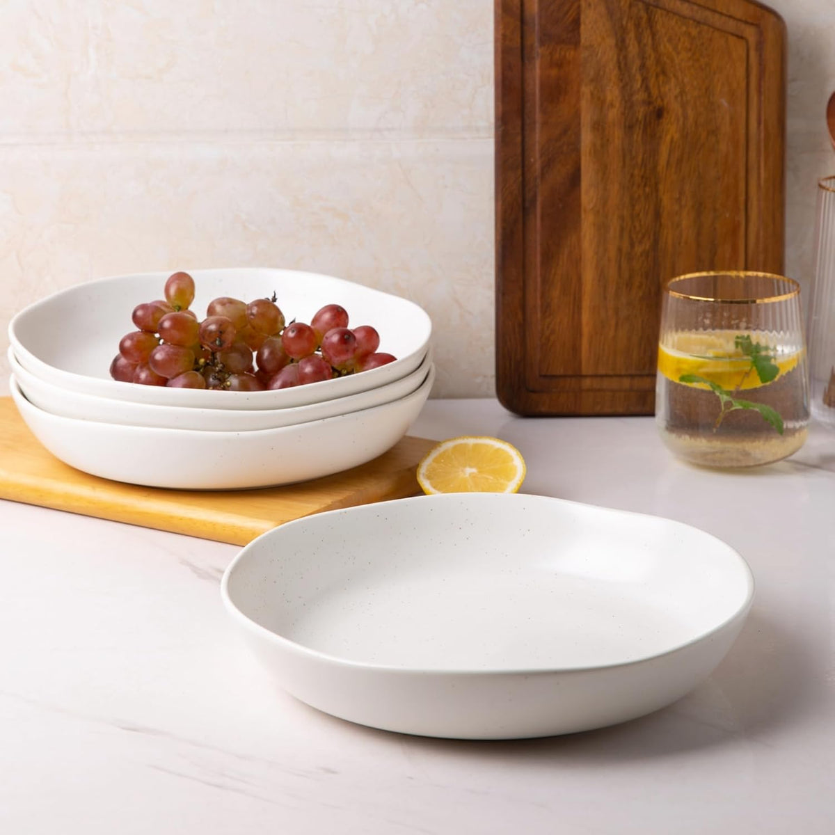 AmorArc 9.75'' Speckled Large Ceramic Pasta Bowls, 38oz Stoneware Bowls Set of 4, Oven, Microwave&Dishwasher Safe Bowls with Wavy Rim for Fruit Pasta Salad Meal, Matte Speckled White