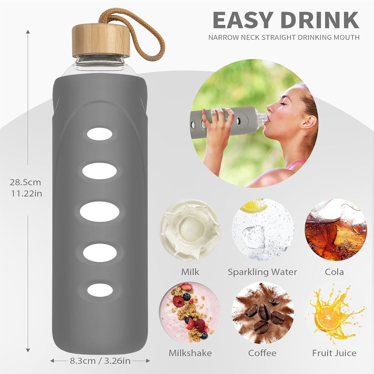 Sport 32oz Glass Water Bottle 1000ml /1 liter Borosilicate Glass Water Bottle Reusable Waterbottle Jugwith Silicone Sleeve and Unique Lid (Grey