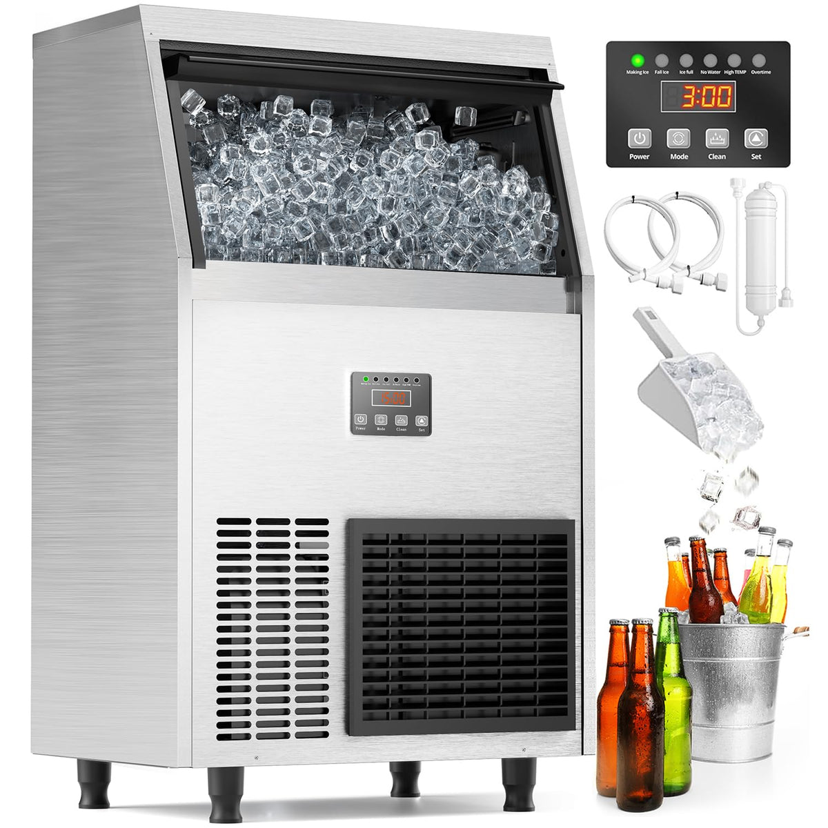 Coolake Commercial Ice Maker Machine 200 Lbs/24H with 50 Lbs Storage Bin, Stainless Steel Under Counter Ice Machine, Self Cleaning Freestanding Ice Maker for Home Bar Garage Outdoor Kitchen