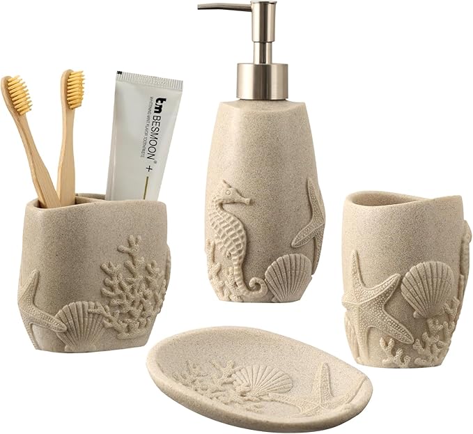 Bathroom Accessories Set, 4 PCS Bathroom Accessory Sets with Soap Dispenser, Toothbrush Holder, Tumbler, Soap Dish, Bathroom Countertop Organizer, Sea Bathroom Decor (Beige)