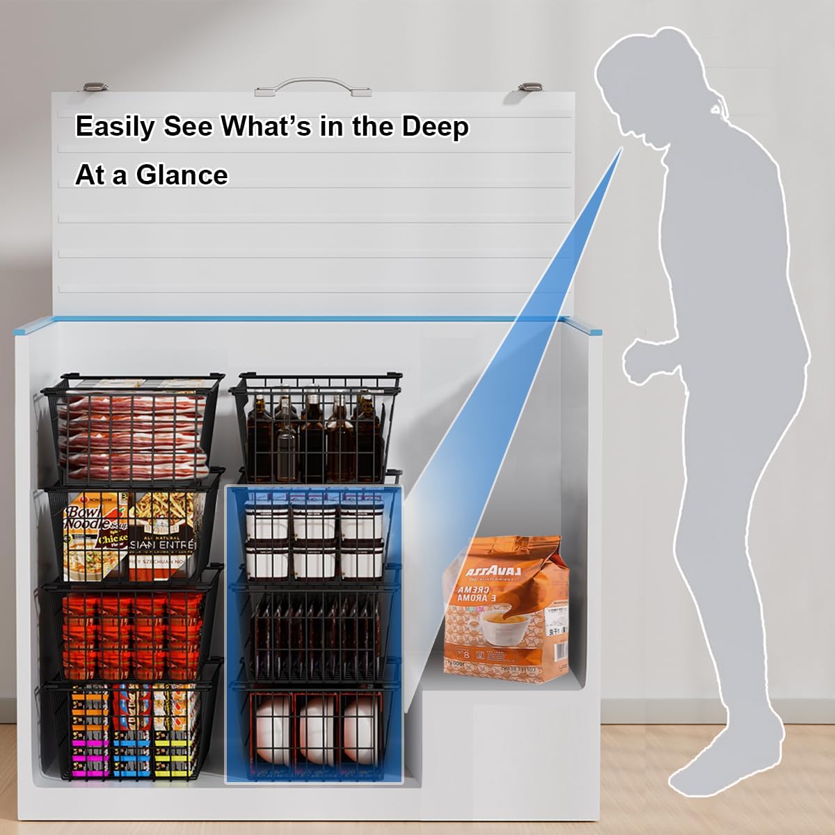 Orgneas Freezer Organizer Bins, 4 Pcs Stacking Chest Freezer Baskets for 7.0 Cu.Ft Deep Freezer Add Space Sort Store Frozen Food, Easy Reach From Bottom Freezer Storage Baskets with Large Capacity