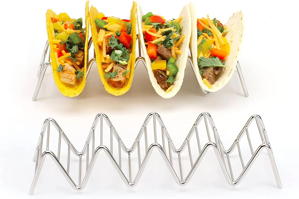 Taco Holders Set of 2 Premium Stainless Steel Stackable Stands, Each Rack Holds 4 or 5 Hard or Soft Tacos, Five Styles Available By 2lbDepot