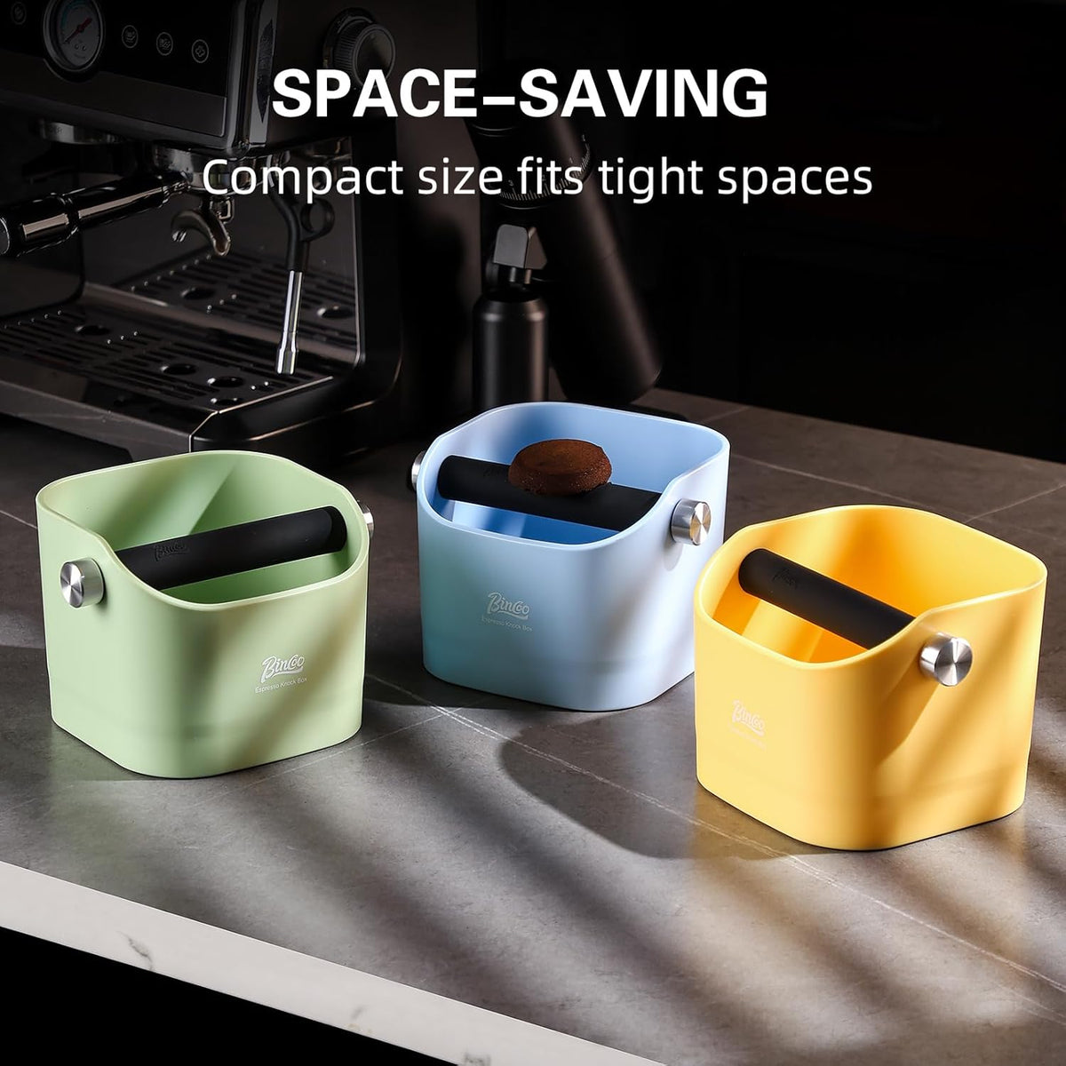 Espresso Knock Box - Bincoo Blue Espresso Machine Knock Box/Espresso Grounds Knock Box, Barista Style Coffee Knock Box for Grounds with Removable Shock-Absorbent Knock Bar and Anti-Slip Base. (Blue)