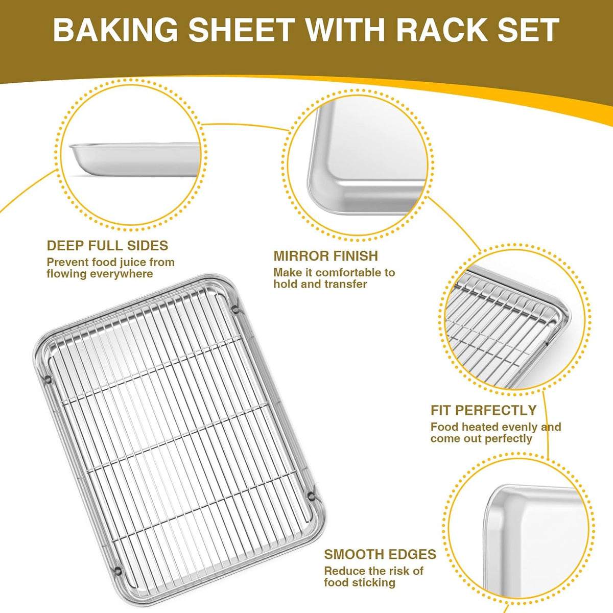 Wildone Baking Sheet with Rack Set (3 Pans + 3 Racks), Stainless Steel Baking Pan Cookie Sheet with Cooling Rack, Non Toxic & Heavy Duty & Easy Clean