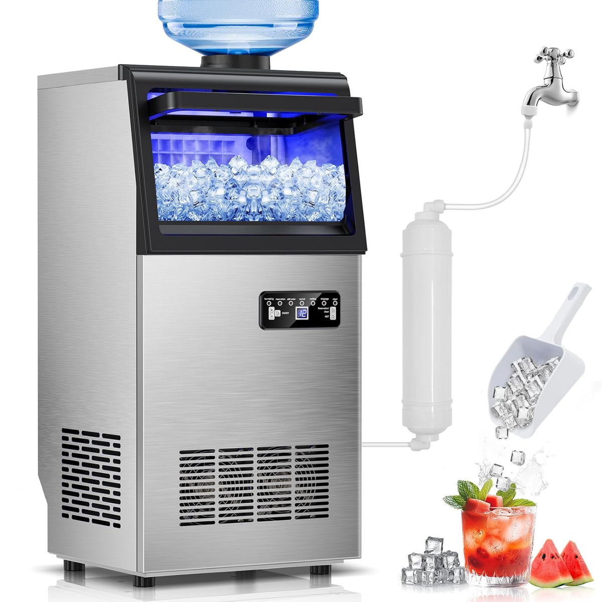 Commercial Ice Maker Machine, 110Lbs/24H, 30Lbs Storage, 36Pcs Clear Ice Cubes in 10-15Mins, Stainless Steel Under Counter or Freestanding Ice Machine - 2 Water Inlet Modes, for Home Party Office