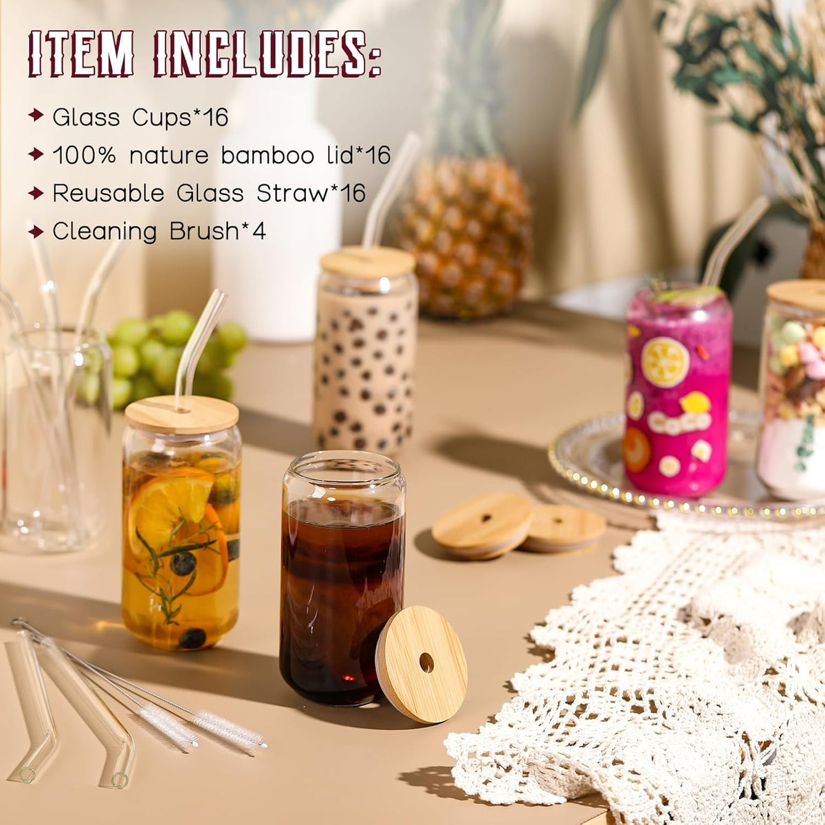 NETANY 16 Pack Glass Cups with Lids and Straws 16 oz, Personalized Customizable Glasses for Gift, Business, Drinking glasses set, Iced Coffee Cup, Cute Aesthetics Tumbler for Tea, Homemade Drinks