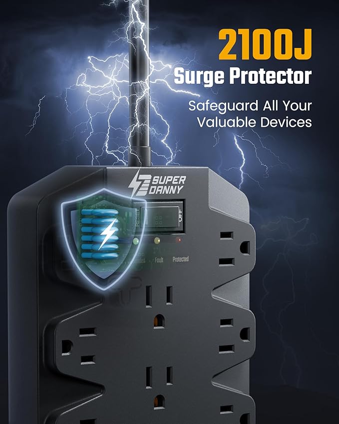 18 Widely Outlets Power Strip, SUPERDANNY Surge Protector with 4 USB Ports, 15FT Flat Plug Heavy Duty Extension Cord, 2100J, 1875W/15A, Wall Mount Holes for Home, Office, Dorm, Black