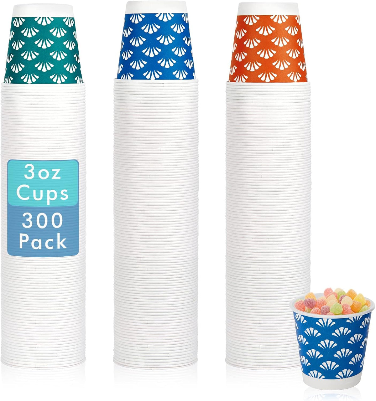 JollyPack 300 Pack 3 oz Disposable Bathroom Paper Cups, Small Mouthwash Cups in Orange, Blue, and Green, Great for Candy, Biscuits, Bathroom Use, Parties, Picnics, and Travel