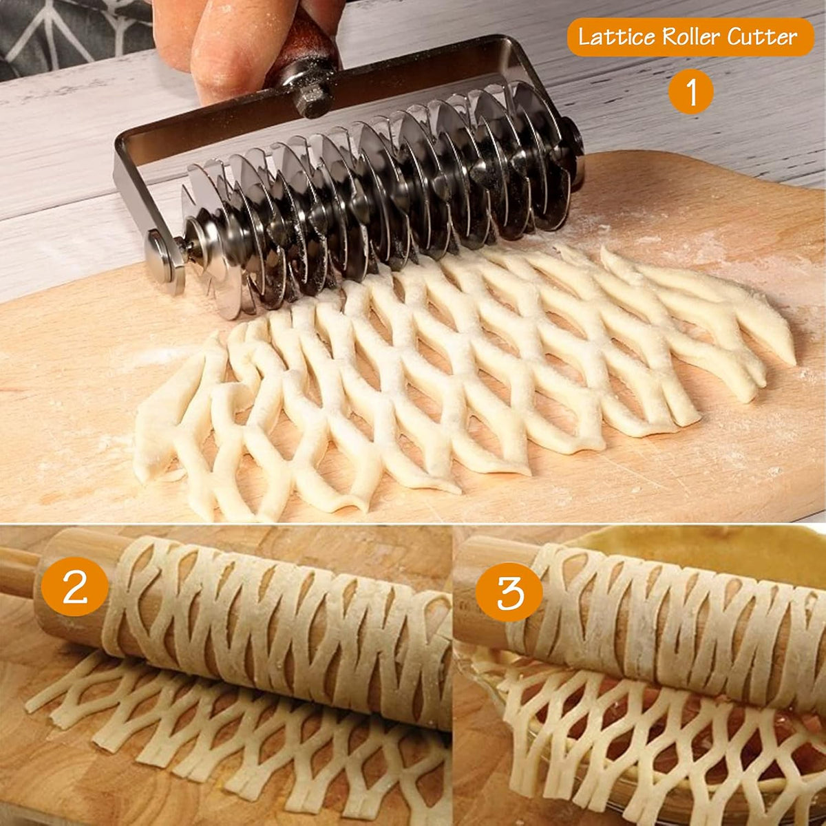Stainless Steel Lattice Dough Cutter with Wood Handle, Pie & Pizza Pastry Roller maker, Bread Biscuit Maker