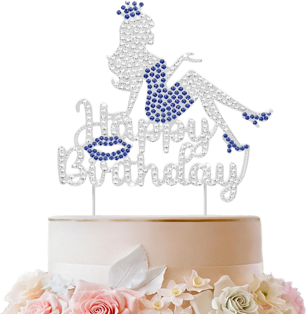 LINGTEER Happy Birthday Crown Queen Lady Rhinestone Cake Topper - Cheers to Makeup Spa Birthday Party Cake Centerpieces Decorations Gift Sign - Blue.