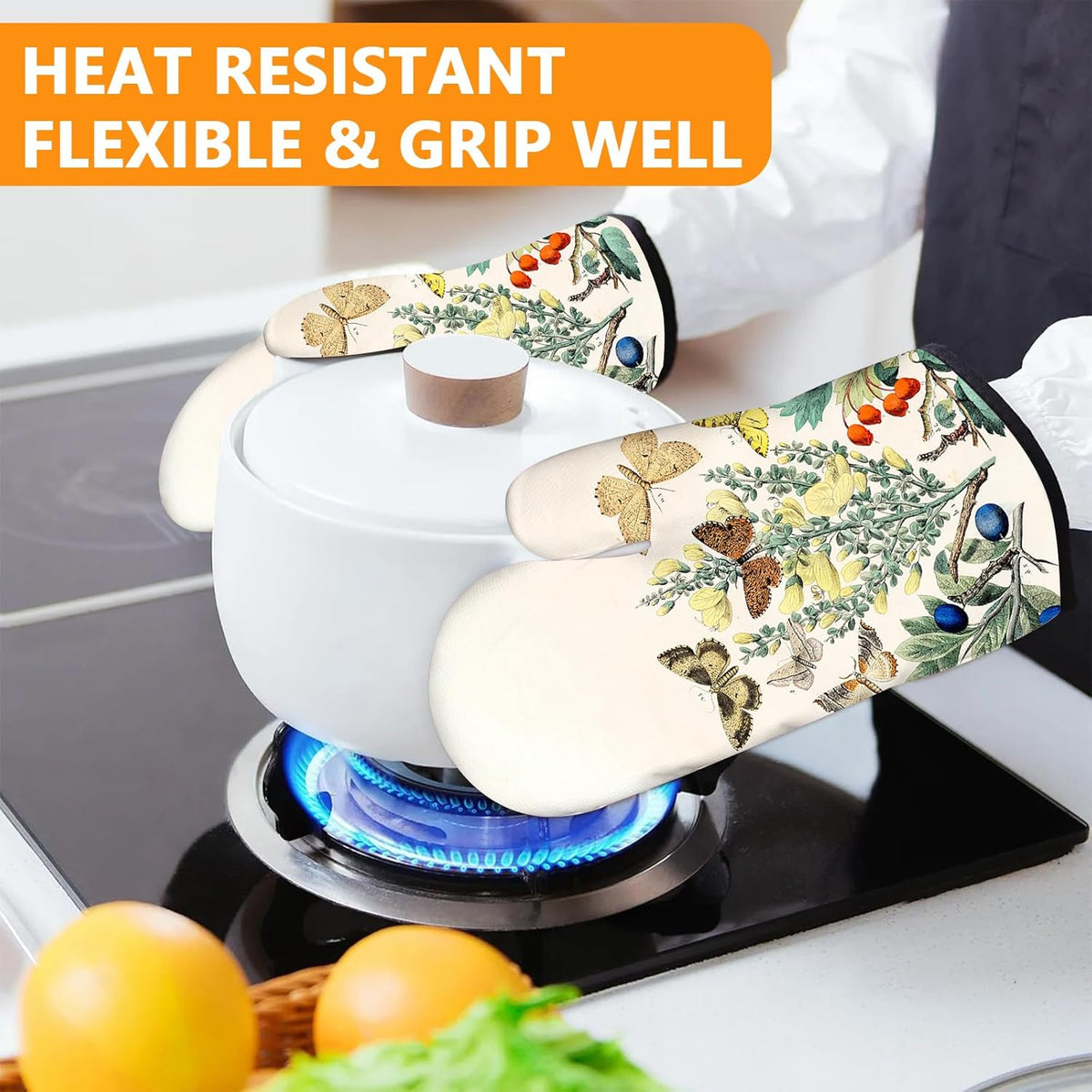 Wildflowers Butterfly Oven Mitts and Pot Holders Sets 4Pcs,Extra Long Oven Gloves Potholder for Kitchen Cooking Baking BBQ 100% Cotton Heat Resistant
