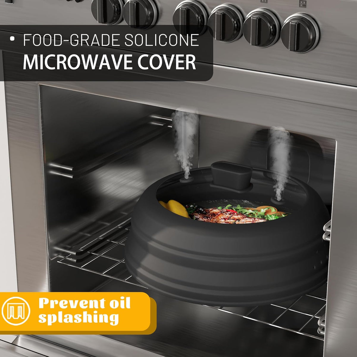 Microwave Splatter Cover, Collapsible Silicone Microwave Plate Cover with Glass for Food, Splatter Guard Lid 10.8 inch Black