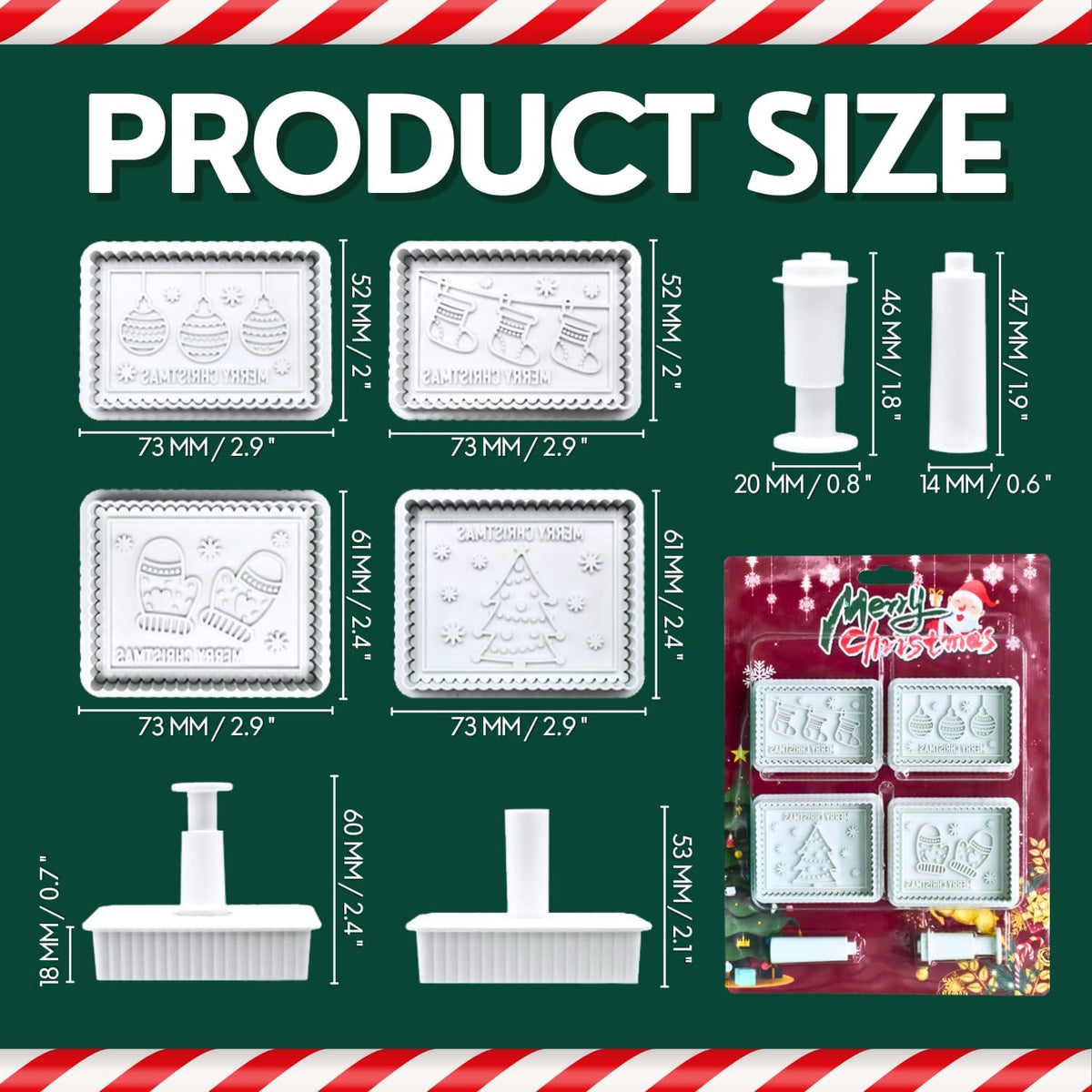 Christmas Cookie Cutters, 4-Piece 3D MERRY CHRISTMAS Plastic Cookie Stamp Set, Comes with Merry Christmas in English, Perfect for Christmas cookie baking and parties