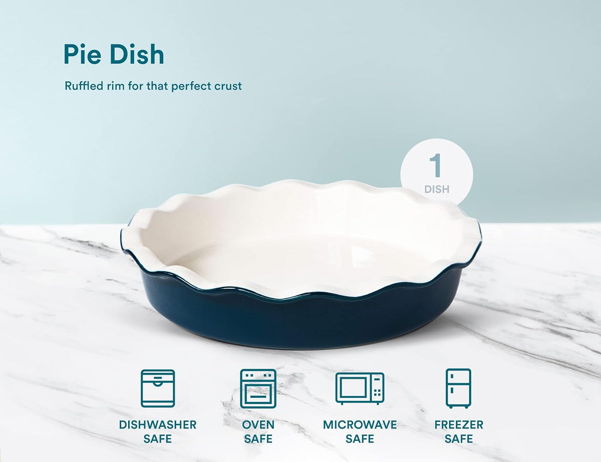 KooK Deep Dish Pie, Pecan Dessert Dish, Porcelain, Ceramic, Deep Dish Plate 10 Inch, Apple Pie, Ruffled Wave Edge, Reusable Round Pan, Oven and Dishwasher Safe, 44 Oz (Navy)