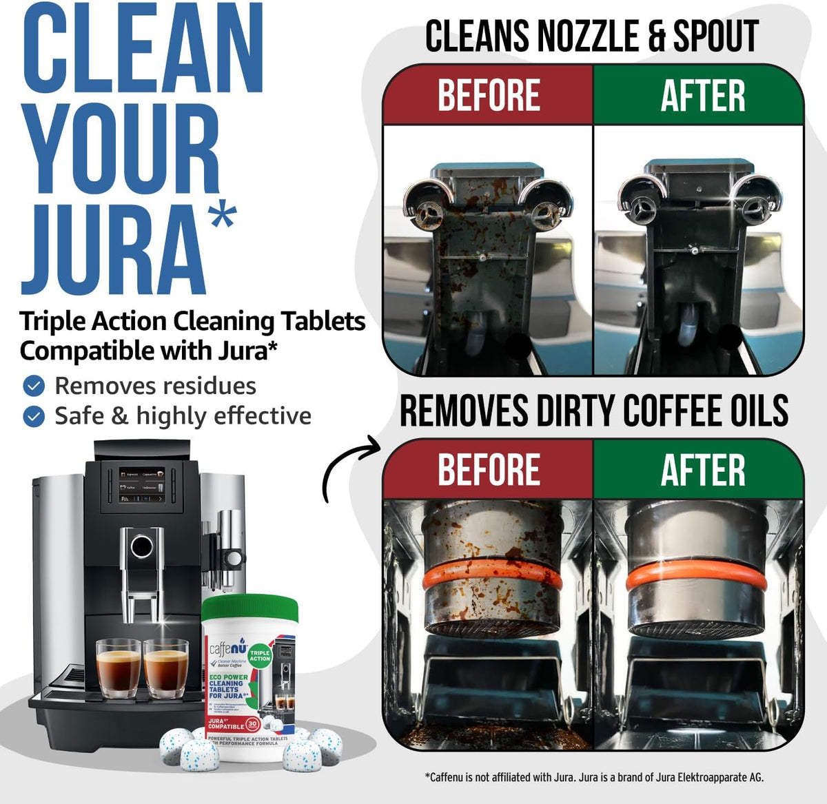 Jura Compatible Cleaning Tablets. 30 Tablets Cleaning. Coffee Cleaning Tablets - Cleans Internal Parts, Portafilter, Inaccessible Areas. Use On All Home & Pro Jura Coffee Machines.