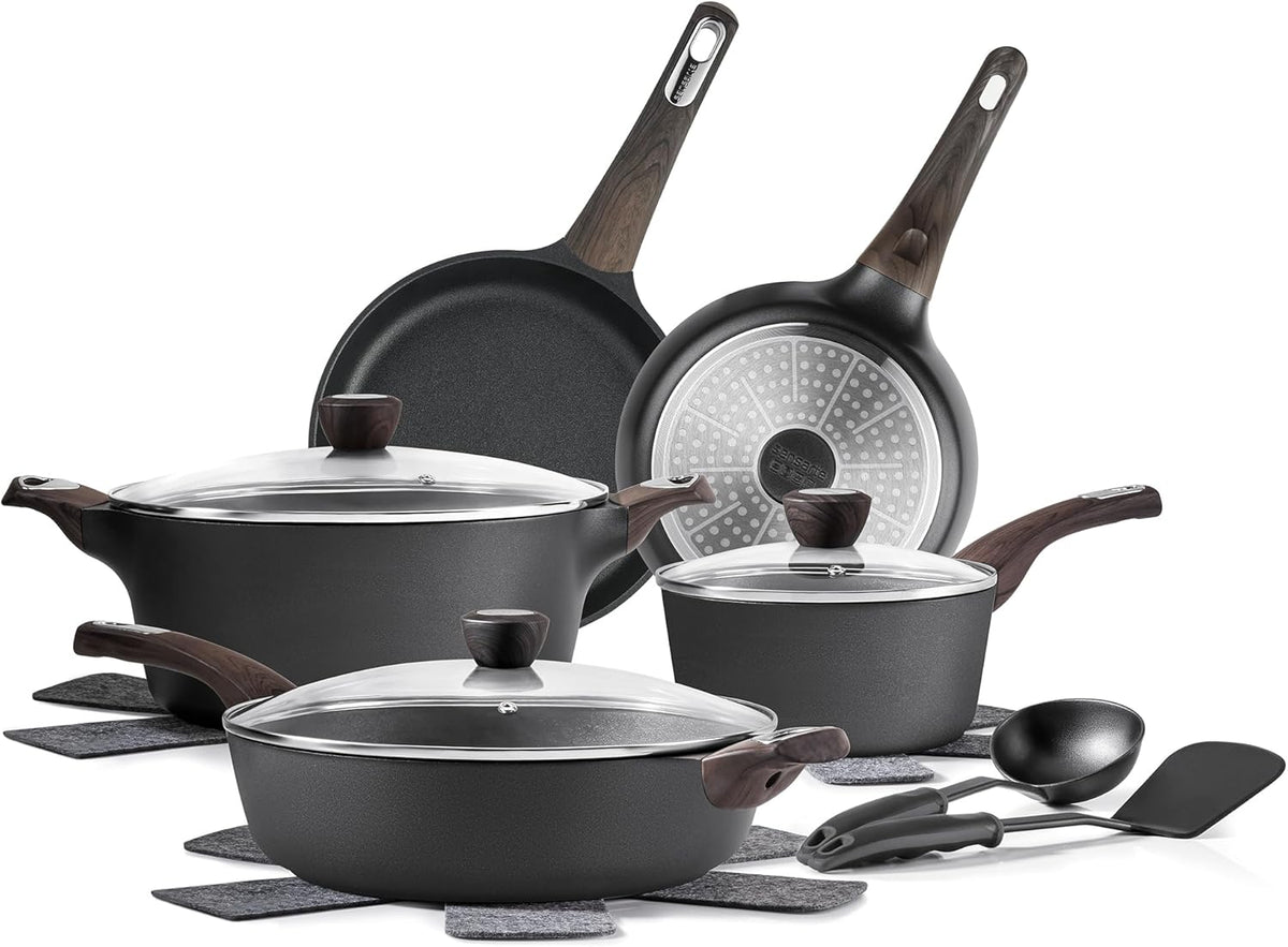 SENSARTE Pots and Pans Set Non stick, Non toxic Healthy Induction Cookware Sets, 14 Pcs Non Stick Kitchen Cooking Set with Frying Pans Set & Saucepan, PFOA PFOS APEO Free, Black