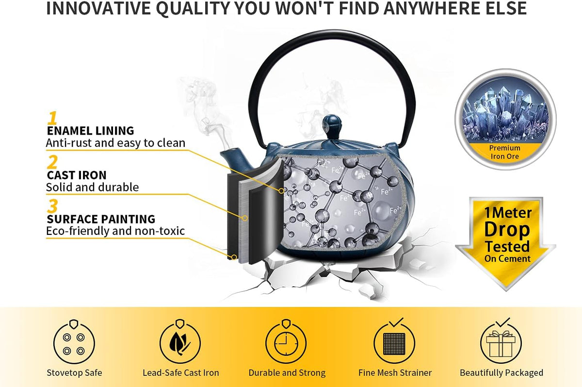 TOPTIER Japanese Cast Iron Tea Kettle with Infuser for Loose Leaf and Tea Bags, Stovetop Safe Teakettle with Enameled Interior, 40 oz (1200 ml), Navy Blue