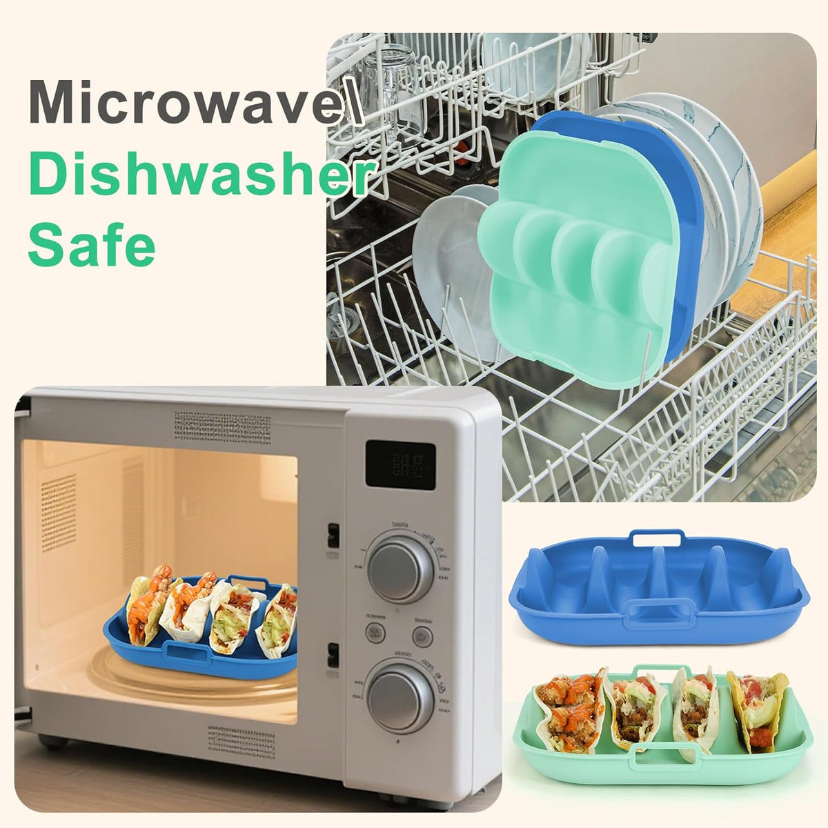 Silicone Taco Holder 2 Pack,10.2in pgrade Reusable Taco Plates with Dividers,Fiesta Tacos Holder Tray.Taco Serving Plates, Dishwasher & Microwave Safe (2, BLUE+GREEN)