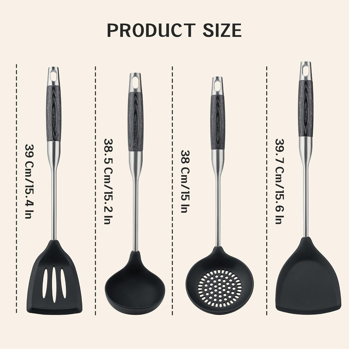 FJNATINH Silicone Wok Spatula,Turner,Ladle,Skimmer,Stainless Steel Wok Tools,Wok Utensil,Non Stick Heat-Resistant Cooking Utensils BPA Free Kitchen Utensils Cookware (Black Stainless Steel-4PCS)