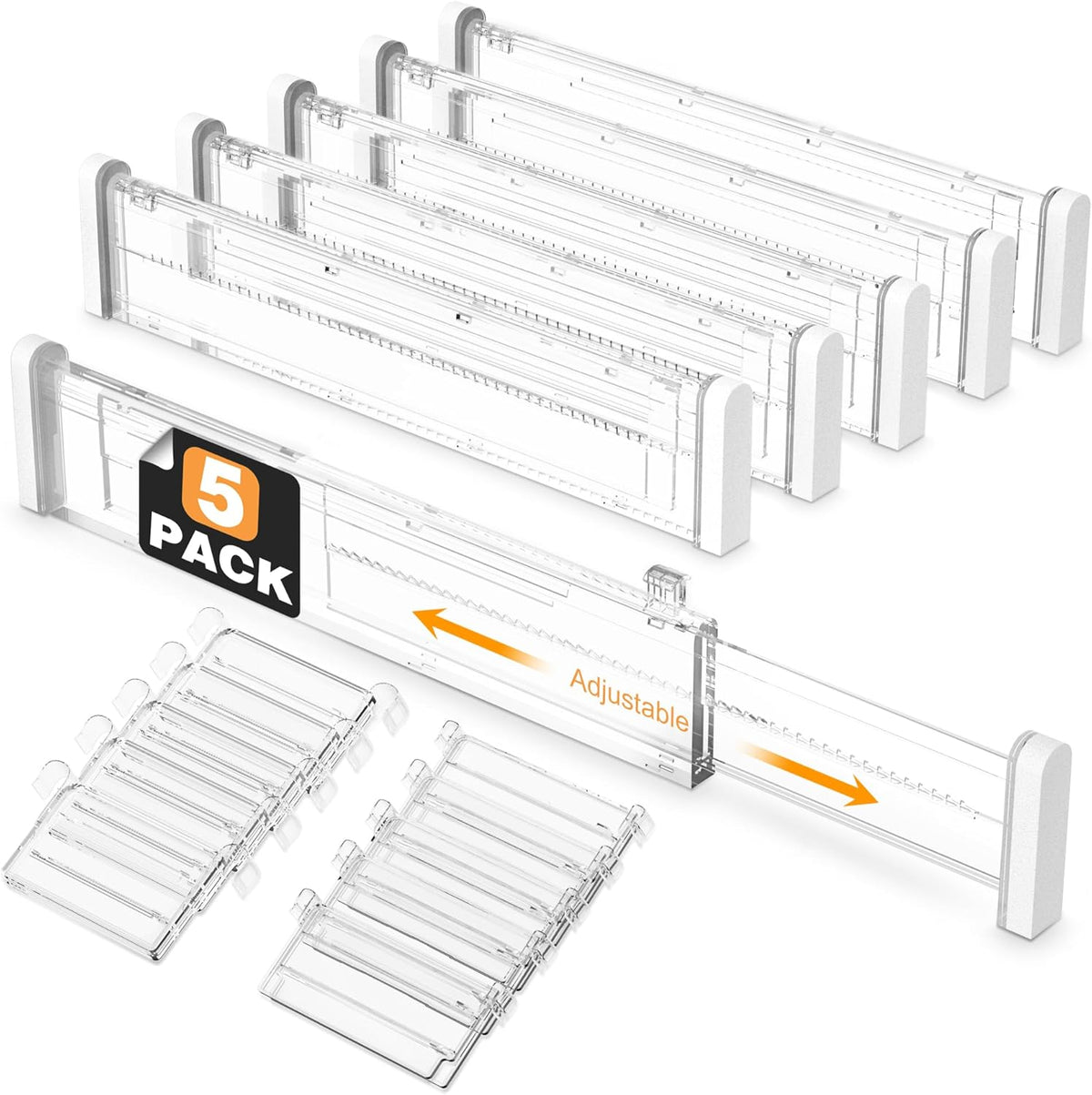 HiYZ Expandable Drawer Dividers with Inserts - Adjustable Drawer Organizers Separators for Kitchen, Bedroom, Dresser, Office, 8 Long Dividers(12.6-22.8 IN) with 10 Inserts(3.9-7.1 IN) - Clear