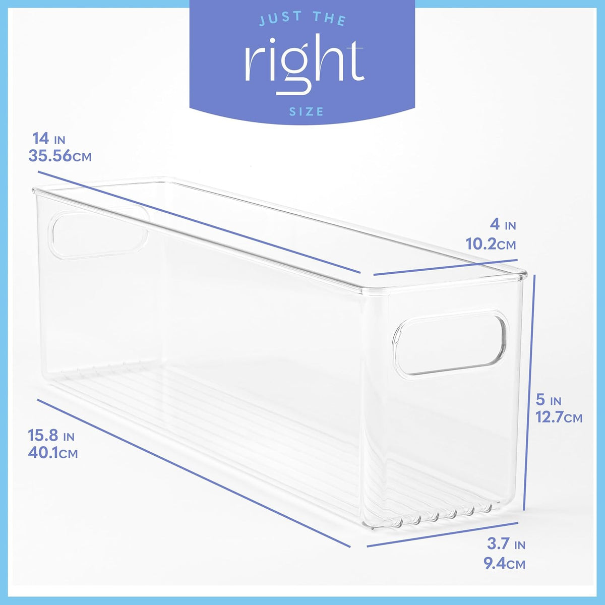 Plastic Food Storage Clear Container Bin with Handles for Organizing Kitchen, Pantry, Refrigerator, Freezer, Pantry, Cabinet, Closet, Bathroom. 14”x4”x5”