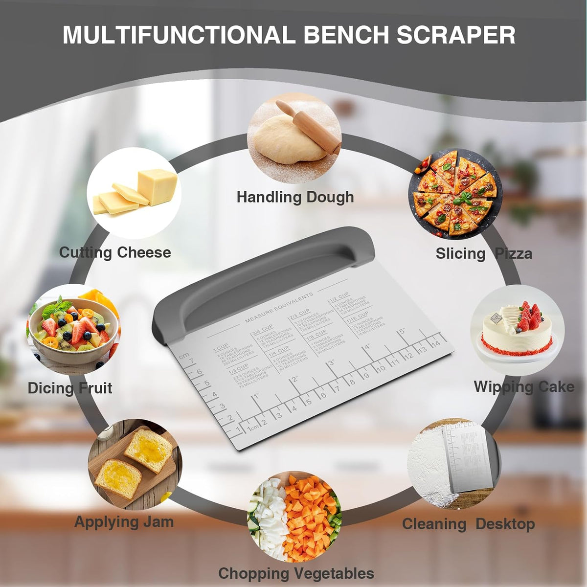Bench Scraper Dough Cutter Tool - Bowl Pastry Scraper for Bread Cake Pizza, Bench Knife Kitchen Dough Scraper for Baking, Stainless Steel Food Scraper with Grip Handles & Measuring Scale, Grey, Gray
