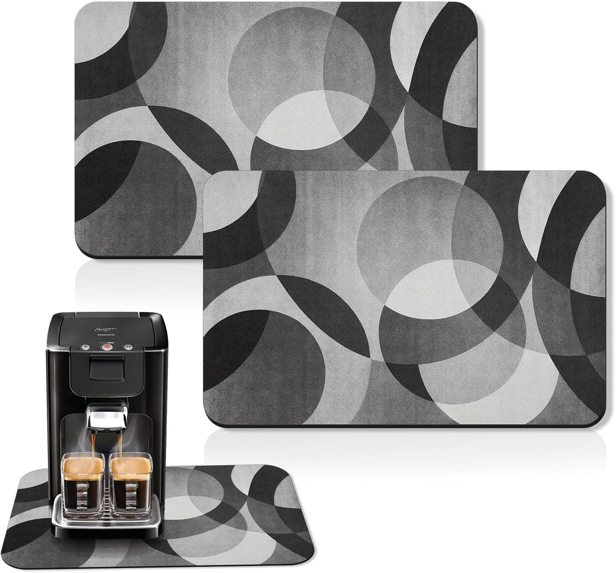 Arttown Coffee Mat for Countertops, Circular Geometric Modern Grey White Black Dish Drying Mat 2 Pcs for Kitchen Bar Accessories, Coffee Maker Espresso Machine Dish Rack Hide Stain Rubber 12x19in