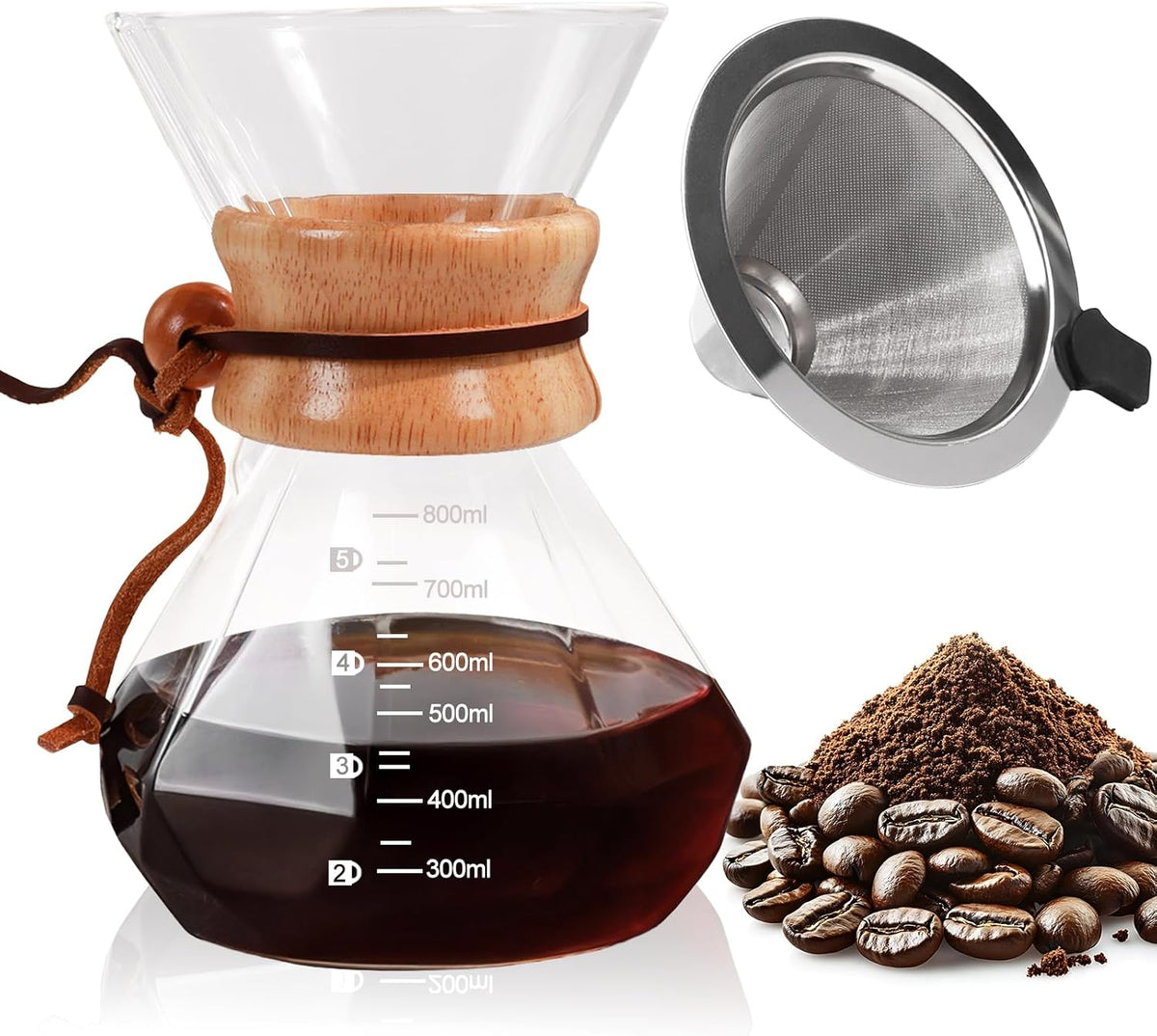 Pour Over Coffee Maker 800ml with 304 Stainless Steel Filter and Wooden Collar Holder Borosilicate Glass Drip Coffeemaker Server Set Clear Hand Brew Dripper Carafe for Home Camping Travel 27oz