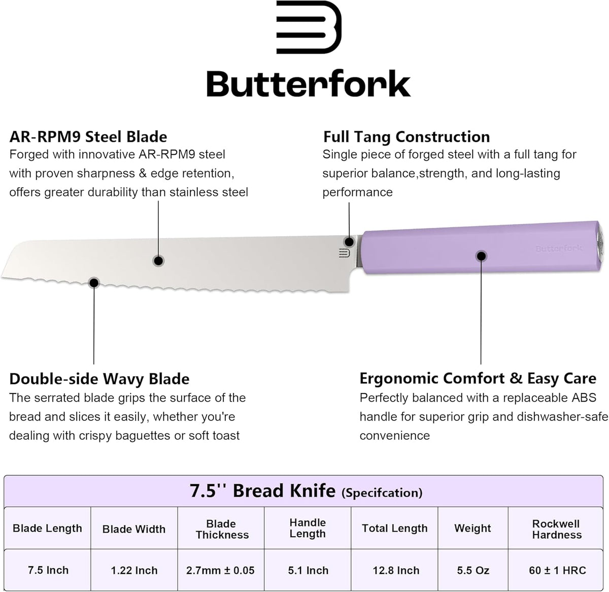 7.5" Serrated Bread Knife for Homemade Bread, AR-RPM9 Steel & Innovative Wavy Edge, Professional Serrated Knife for Sourdough Bread Cake, Gift for Baker Home Chefs