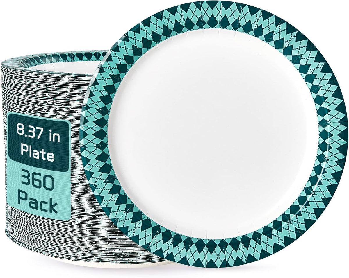 JOLLY PARTY Paper Plates Disposable, 360 Count 8.37 inch Dinner Plates, Soak Proof, Cut Proof for Everyday Use, Diamond Pattern Rim Design