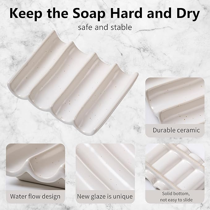 Soap Dish, Draining Ceramic Soap Holder Fluted Design Bar Soap Holder for Shower Bathroom, Soap Saver, Gift for Women Man, White 1 Pcs