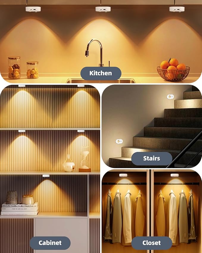 Yiliaw LED Motion Sensor Puck Lights Indoor, Small Rechargeable Under Cabinet Lighting, Dimmable Warm White Closet Lights, Stick on Wireless Night Light for Drawer, Shelf, Kitchen, White (3 Pack)