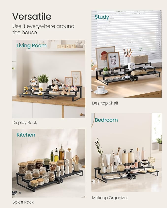 SONGMICS Display Risers, Set of 2 Engineered Wood Perfume Organizer Stand, 3-Tier Cupcake Stand Holder, Spice Rack, Shelf Risers for Figures, Dessert Shelves, Ebony Black and Ink Black UKCS116B01