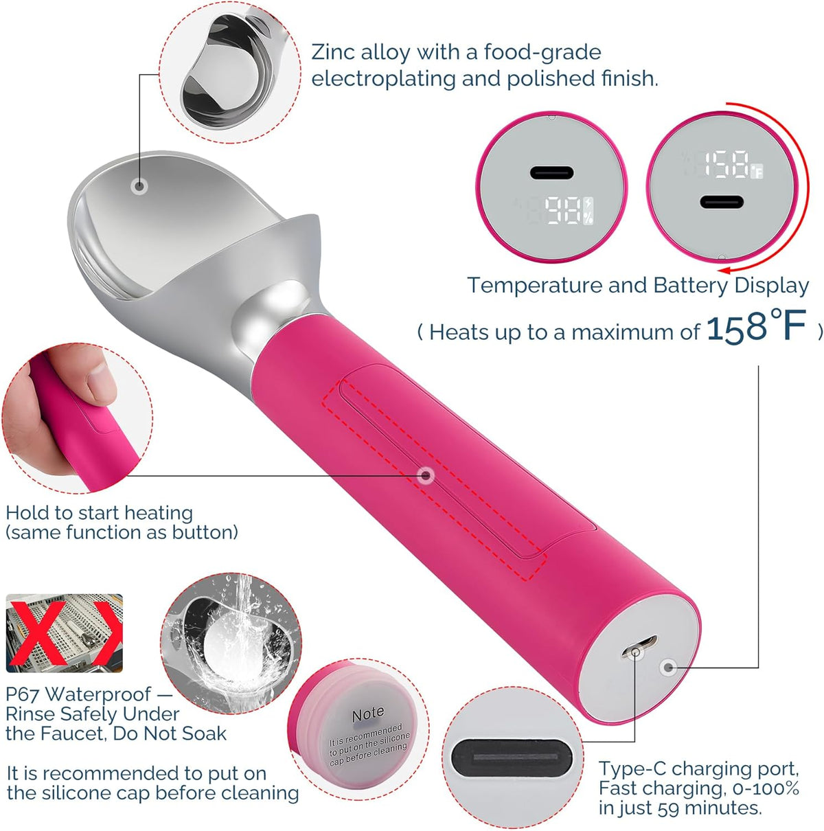 Heated Ice Cream Scoop Rechargeable, Electric Warming Ice Cream Scooper with LED Display, Heats to 158°F for Hard Ice Cream, Easy for Seniors & Kids, IP67 Waterproof (Hot Pink, 2oz)