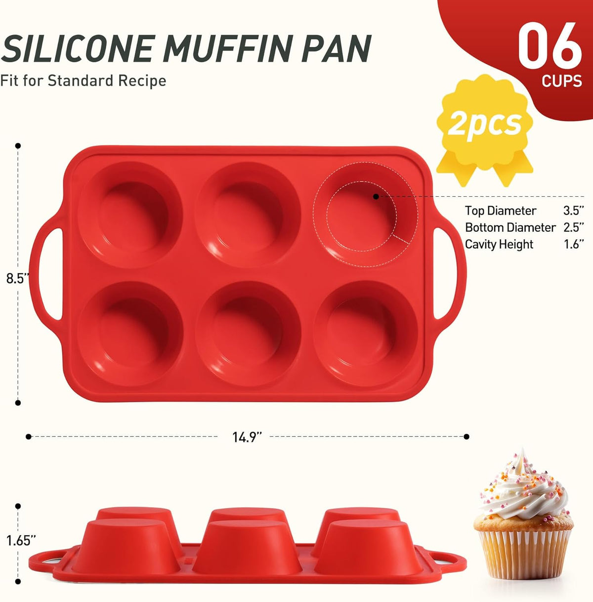 2 Packs 6 Cups Silicone Muffin Pan for Baking with Metal Reinforced Frame Jumbo Size Cupcake Pan Tray Egg Bites Silicone Circle Cookie Molds Muffin Tin Tart Pans Large Big Sheet Set for Breakfast